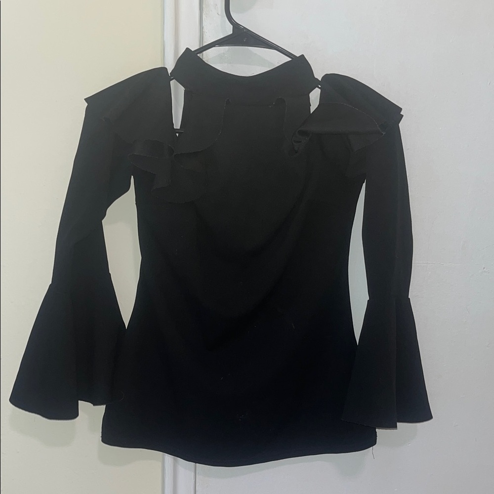 Elegant Black Ruffle Sleeve Top Open Shoulder Small 6